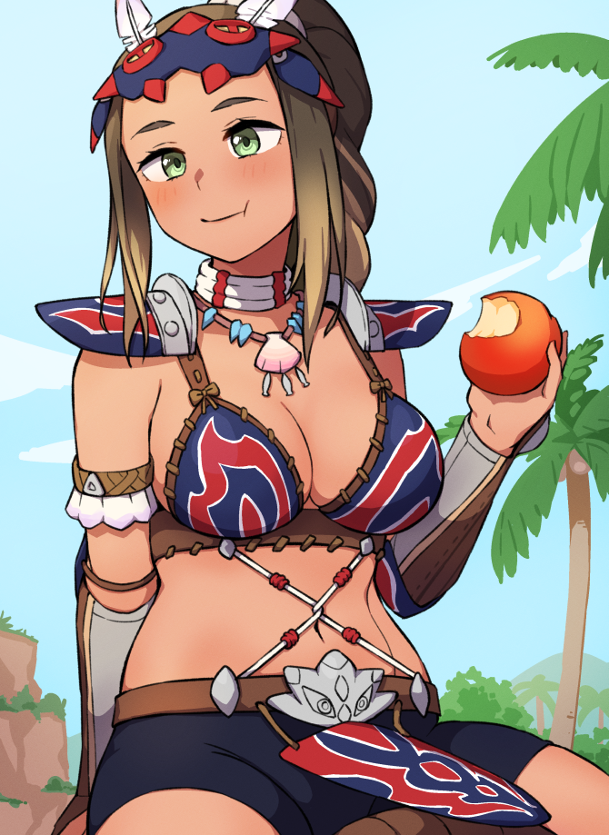 1girl :t apple arm_at_side armlet armor blonde_hair bracer braid braided_ponytail breasts brown_hair chewing clam_shell closed_mouth day eating fang_necklace feathers food food_bite fruit green_eyes hand_up high_ponytail holding holding_food holding_fruit jewelry kayna_(monster_hunter) kwaejina long_braid long_hair looking_at_viewer mask mask_on_head medium_breasts monster_hunter_(series) monster_hunter_stories_2 multicolored_hair navel neck_ring no_tattoo outdoors reward_available shell_necklace shorts shoulder_armor sitting solo stomach tan tooth_necklace two-tone_hair