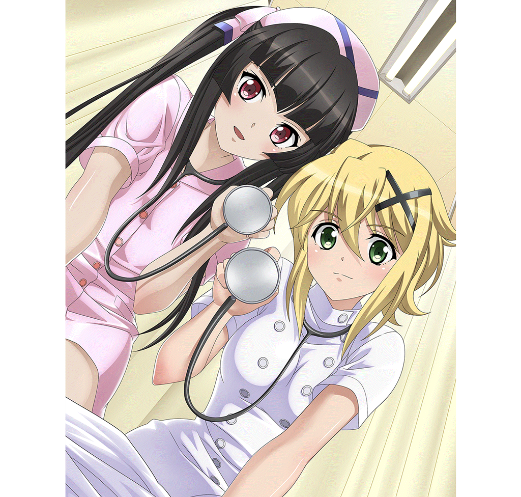 2girls akatsuki_kirika black_hair blonde_hair blush breasts closed_mouth eyebrows_visible_through_hair from_below green_eyes hair_ornament hat indoors long_hair looking_at_viewer medium_breasts multiple_girls nurse nurse_cap open_mouth pov red_eyes senki_zesshou_symphogear senki_zesshou_symphogear_xd_unlimited shiny shiny_hair shiny_skin short_hair small_breasts smile stethoscope tsukuyomi_shirabe twintails x_hair_ornament