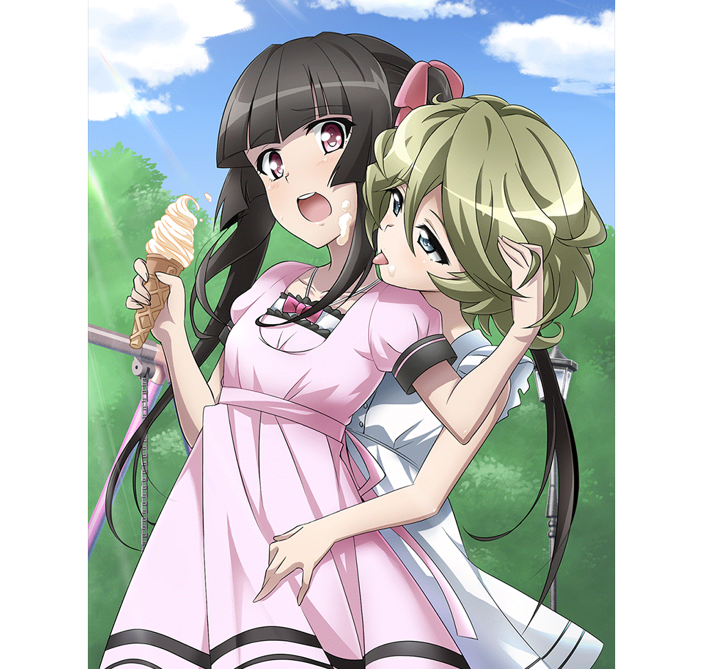2girls artist_request black_hair blonde_hair blue_eyes blush breasts collarbone dress elfnein eyebrows_visible_through_hair food hair_ribbon ice_cream licking licking_another's_cheek licking_another's_face long_hair looking_at_another multiple_girls official_art open_mouth outdoors pink_dress pink_eyes ribbon senki_zesshou_symphogear senki_zesshou_symphogear_xd_unlimited shiny shiny_hair short_hair small_breasts teeth tongue tongue_out tsukuyomi_shirabe twintails upper_teeth white_dress yuri
