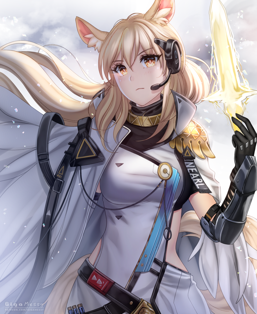 1girl animal_ear_fluff animal_ears arknights bangs black_gloves blonde_hair bracer cape commentary_request dress eyebrows_visible_through_hair gigamessy gloves hand_up headset highres long_hair looking_at_viewer nearl_(arknights) nearl_the_radiant_knight_(arknights) solo upper_body white_cape white_dress yellow_eyes