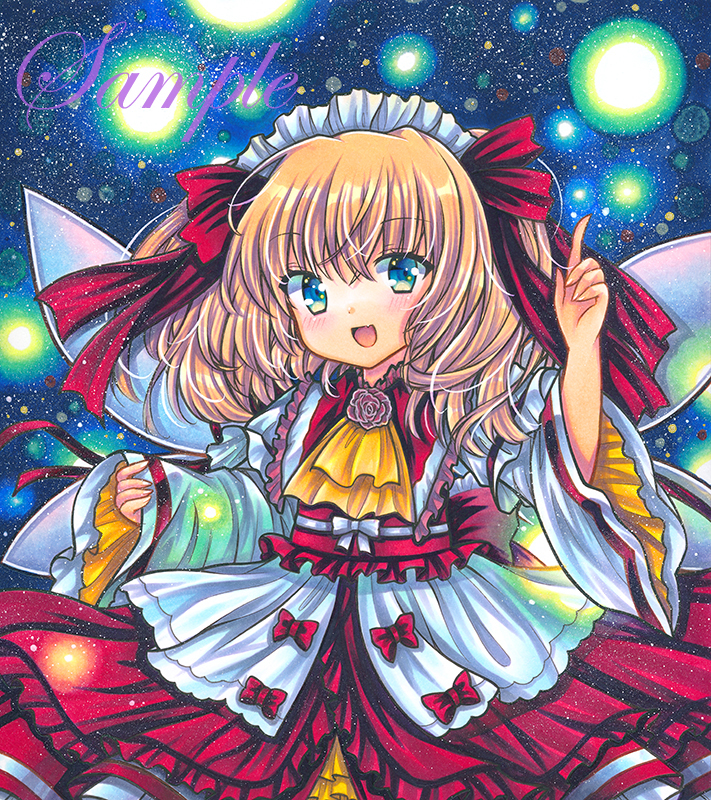 1girl :d alternate_costume ascot bangs blonde_hair blue_background blue_eyes bow cowboy_shot dot_nose dress dress_bow eyebrows_visible_through_hair fairy fairy_wings fang fireflies flower frilled_dress frilled_hairband frilled_sash frilled_shirt_collar frills hair_bow hair_ribbon hairband hand_up index_finger_raised layered_dress layered_sleeves light_blush lolita_hairband long_hair long_sleeves looking_at_viewer marker_(medium) multicolored_clothes multicolored_dress open_mouth red_bow red_dress red_flower red_ribbon red_rose red_sash ribbon rose rui_(sugar3) sample sash smile solo sunny_milk touhou traditional_media two_side_up white_bow white_dress white_ribbon wide_sleeves wings yellow_ascot yellow_dress