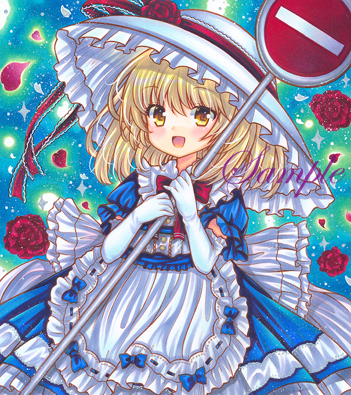 1girl :d alternate_costume apron blonde_hair blue_bow blue_dress blue_ribbon bow bowtie buttons cowboy_shot dress elbow_gloves eyebrows_visible_through_hair flower frilled_apron frilled_dress frilled_gloves frilled_hat frilled_shirt_collar frills gloves hat hat_flower hat_ribbon holding holding_sign huge_bow kana_anaberal lace-trimmed_ribbon lace_trim looking_at_viewer marker_(medium) open_mouth petals puffy_short_sleeves puffy_sleeves red_bow red_bowtie red_flower red_ribbon red_rose ribbon ribbon-trimmed_apron ribbon_trim road_sign rose rui_(sugar3) sample short_sleeves sign smile solo stop_sign touhou touhou_(pc-98) traditional_media two-tone_dress waist_apron white_apron white_bow white_dress white_gloves white_headwear yellow_eyes