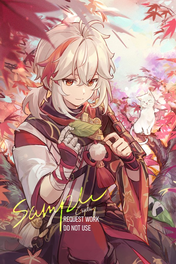 1boy antenna_hair armor asymmetrical_sleeves autumn_leaves bandaged_hand bandages bangs black_coat black_shorts branch cat closed_mouth coat commentary csyday genshin_impact holding holding_leaf in_tree japanese_clothes kaedehara_kazuha kimono leaf leaf_print long_sleeves male_focus medium_hair multicolored_hair pantyhose pauldrons pom_pom_(clothes) red_eyes red_hair red_legwear sample shorts shoulder_armor sidelocks single_pauldron sitting smile solo streaked_hair symbol-only_commentary tassel tree uneven_sleeves white_cat white_hair white_kimono wide_sleeves wrist_guards