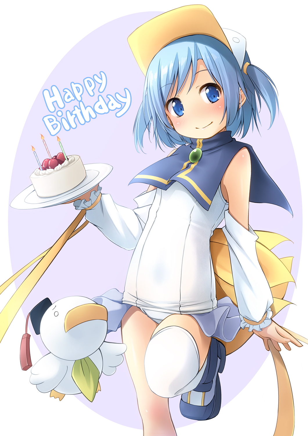 1girl ah-kun animal bangs bird birthday_cake blue_eyes blue_footwear blue_hair blush cake candle closed_mouth commentary_request detached_sleeves duck eyebrows_visible_through_hair feet_out_of_frame fire food happy_birthday highres holding holding_plate long_sleeves looking_at_viewer moetan old_school_swimsuit one-piece_swimsuit pastel_ink plate puffy_long_sleeves puffy_sleeves purple_background school_swimsuit shibacha shoes single_thighhigh smile standing standing_on_one_leg swimsuit thighhighs two-tone_background two_side_up visor_cap white_background white_headwear white_legwear white_sleeves white_swimsuit