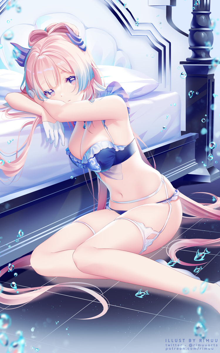 1girl armpits artist_name bangs bare_arms bare_legs bed blue_bra blue_eyes blue_hair blue_panties bra breasts bubble cleavage closed_mouth commentary english_commentary eyebrows_visible_through_hair genshin_impact gloves hair_ornament half_gloves head_rest highres indoors long_hair looking_at_viewer medium_breasts multicolored_hair navel panties patreon_username pillow pink_eyes pink_hair rimuu sangonomiya_kokomi sitting solo stomach streaked_hair thick_eyebrows thigh_strap twitter_username underwear underwear_only very_long_hair watermark web_address white_gloves