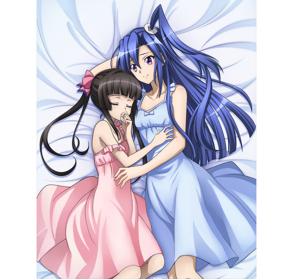 2girls artist_request bare_shoulders black_hair blue_eyes blue_hair blue_nightgown blush breasts closed_eyes closed_mouth collarbone cuddling hair_ornament hair_ribbon kazanari_tsubasa long_hair looking_at_another lying multiple_girls nightgown official_art on_side open_mouth pillarboxed pink_nightgown ribbon senki_zesshou_symphogear senki_zesshou_symphogear_xd_unlimited shiny shiny_hair side_ponytail small_breasts smile tsukuyomi_shirabe twintails yuri
