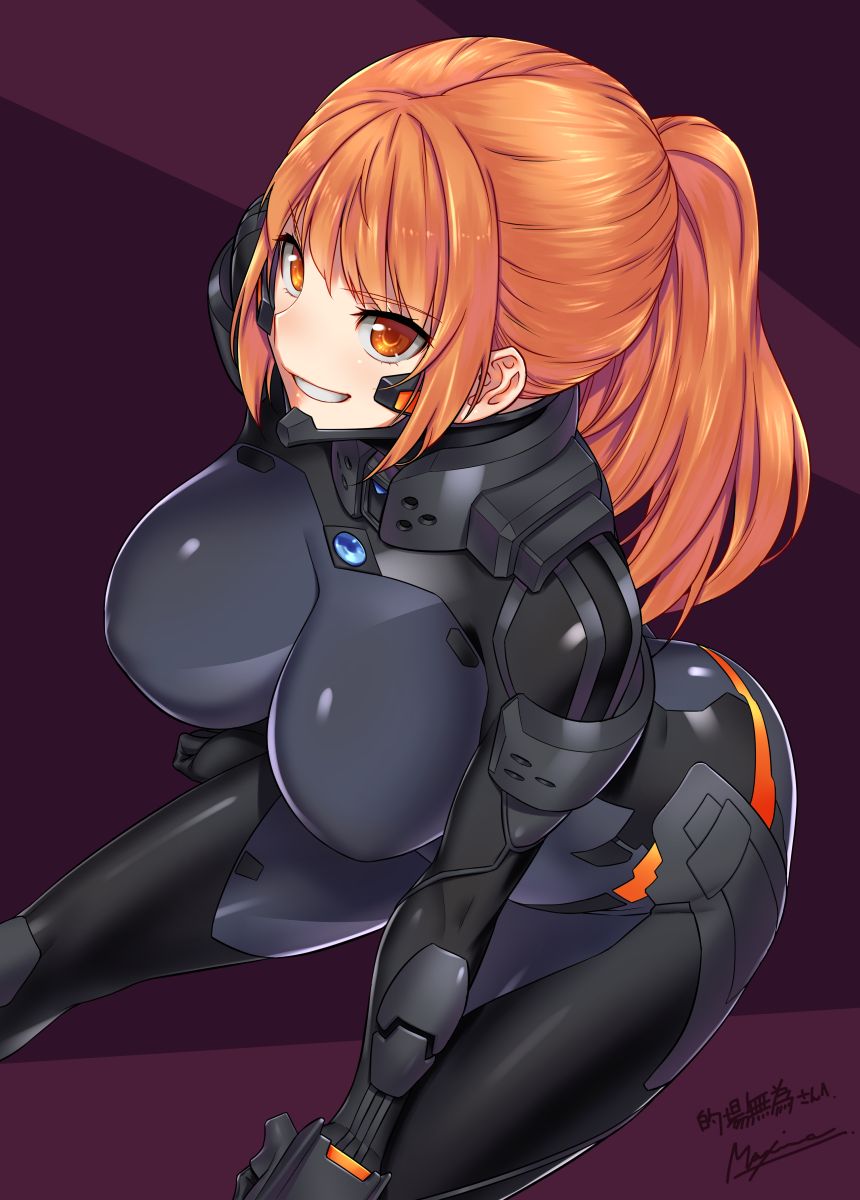 1girl beatrix_bremer beatrix_bremer_(cosplay) bodysuit breasts commission cosplay covered_nipples fortified_suit hair_behind_ear hand_on_own_leg highres impossible_bodysuit impossible_clothes large_breasts leaning_forward long_hair makishima_azusa muvluv muvluv_alternative orange_eyes orange_hair original parted_lips pilot_suit ponytail schwarzesmarken skeb_commission skin_tight smile solo