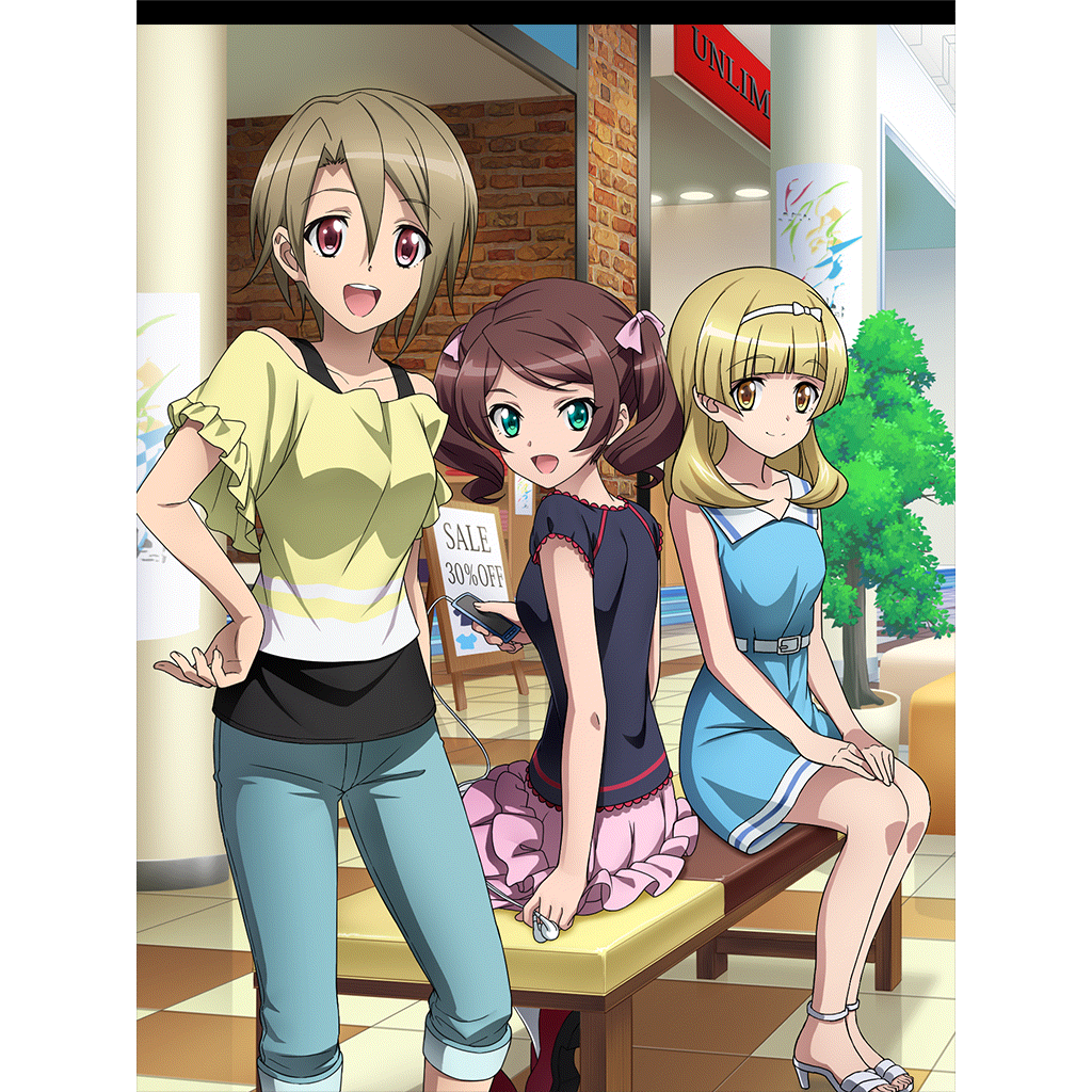 3girls andou_kuriyo artist_request blonde_hair blue_dress blush breasts brown_eyes brown_hair closed_mouth dress eyebrows_visible_through_hair green_eyes hair_ornament hair_ribbon hairband hand_on_hip indoors itaba_yumi looking_at_viewer mall multiple_girls official_art open_mouth pants pillarboxed pink_skirt plant potted_plant red_eyes ribbon senki_zesshou_symphogear senki_zesshou_symphogear_xd_unlimited shiny shiny_hair short_hair sitting skirt small_breasts smile standing terashima_shiori twintails