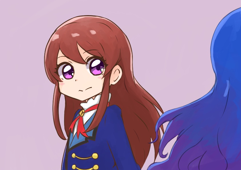 2girls aikatsu! aikatsu!_(series) bangs blue_hair blue_jacket brown_background brown_hair closed_mouth commentary_request eyebrows_visible_through_hair hitomiz jacket kazesawa_sora long_hair multicolored_hair multiple_girls purple_eyes purple_hair shibuki_ran shirt solo_focus two-tone_hair upper_body very_long_hair white_shirt