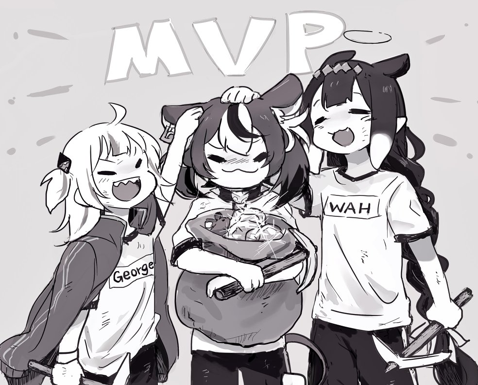 3girls ahoge animal_ears bag diamond_(gemstone) fang gawr_gura gym_uniform hakos_baelz headpat hololive hololive_english monochrome mouse_ears mouse_tail multiple_girls mvp ninomae_ina'nis pickaxe sharp_teeth tail teeth virtual_youtuber yuuyu_(777)