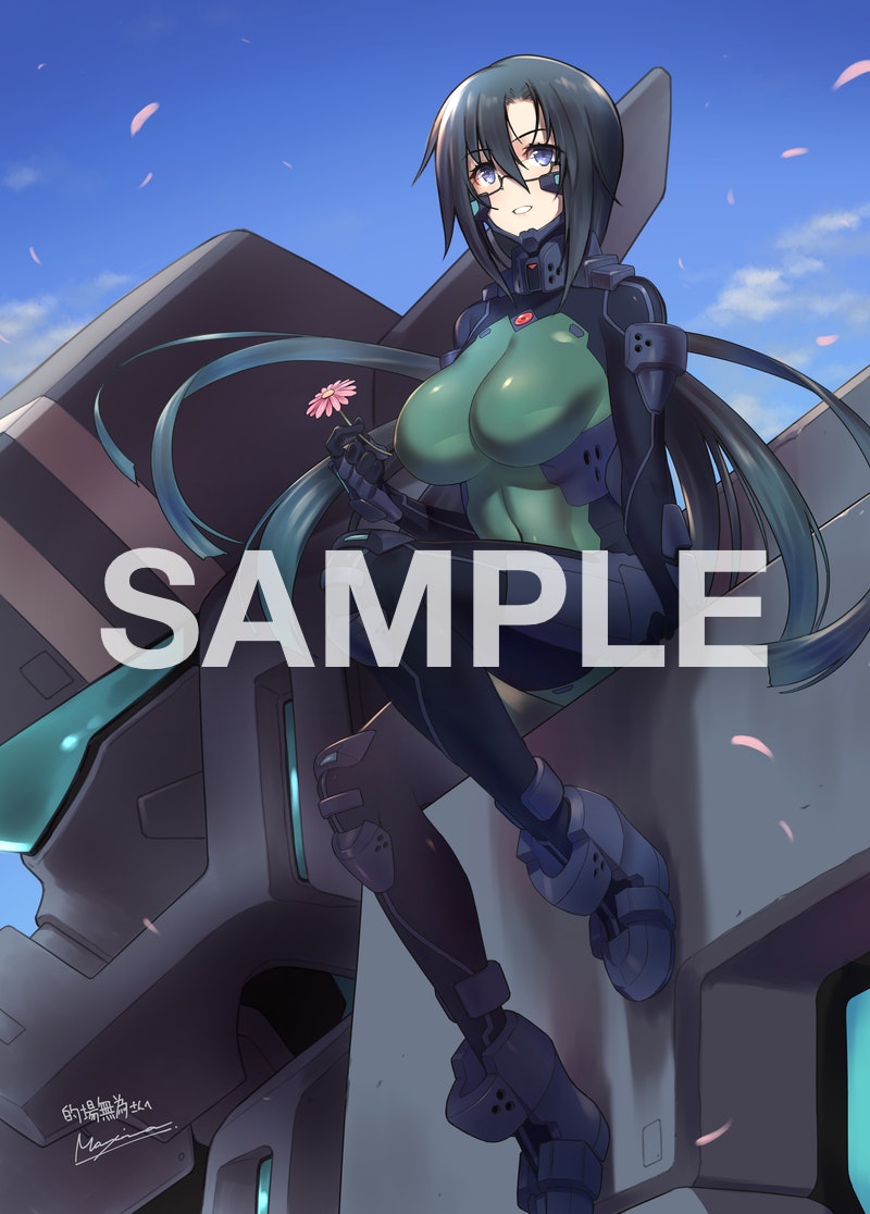 1girl bangs black_hair blue_eyes breasts cloud commission covered_navel f-4j_gekishin floating_hair flower fortified_suit glasses holding holding_flower komaki_sayoko large_breasts long_hair looking_down looking_up makishima_azusa mecha muvluv muvluv_alternative parted_lips petals pilot_suit pink_flower sample signature sitting skeb_commission skin_tight sky smile tactical_surface_fighter very_long_hair visor watermark