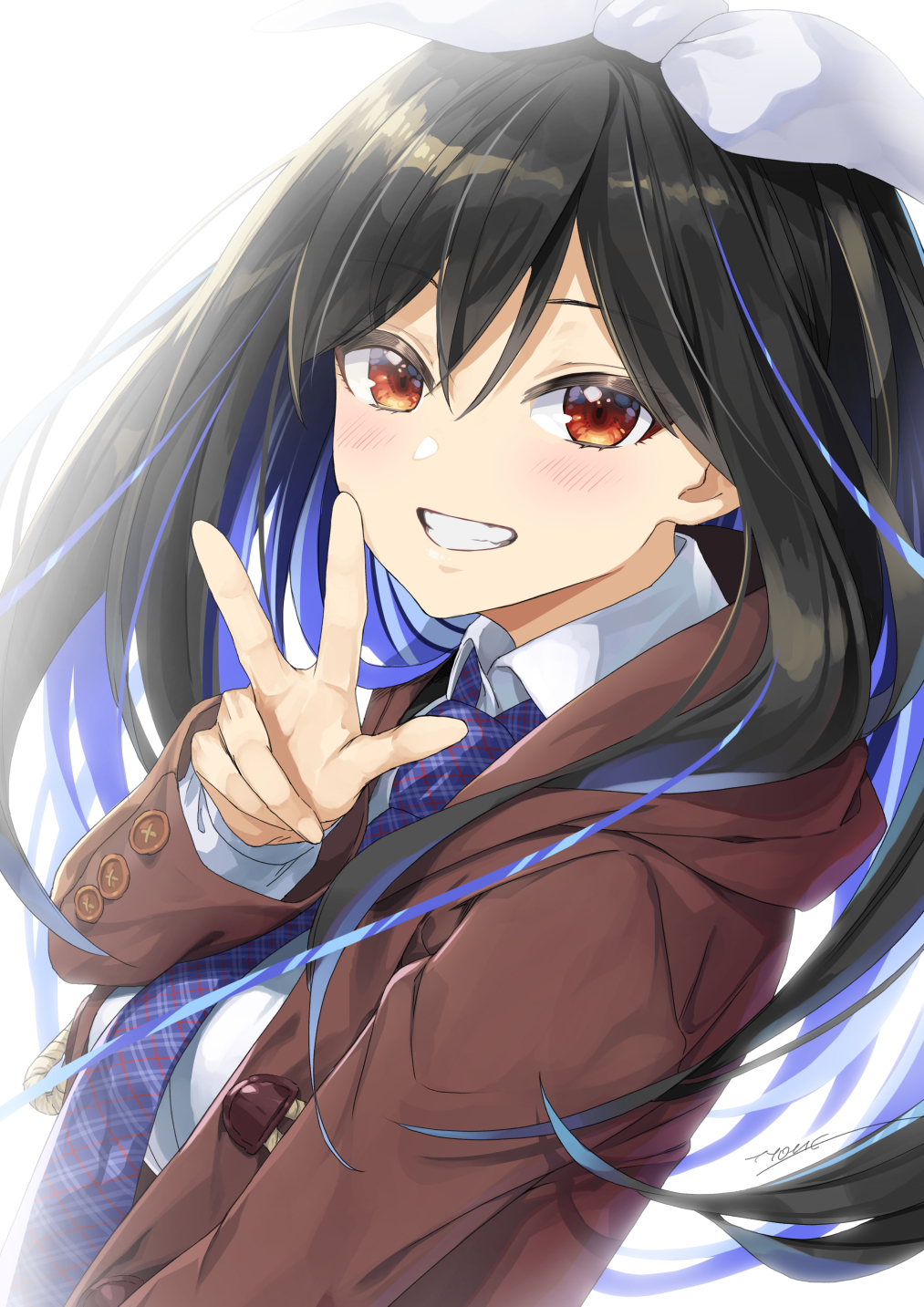 1girl bangs black_hair blue_hair blue_necktie brown_jacket collared_shirt commentary_request eyebrows_visible_through_hair grin hair_between_eyes hair_ribbon hand_up highres hood hood_down hooded_jacket jacket long_hair long_sleeves looking_at_viewer looking_to_the_side multicolored_hair necktie open_clothes open_jacket original plaid_neckwear red_eyes ribbon school_uniform shirt simple_background smile solo two-tone_hair tyone v very_long_hair white_background white_ribbon white_shirt