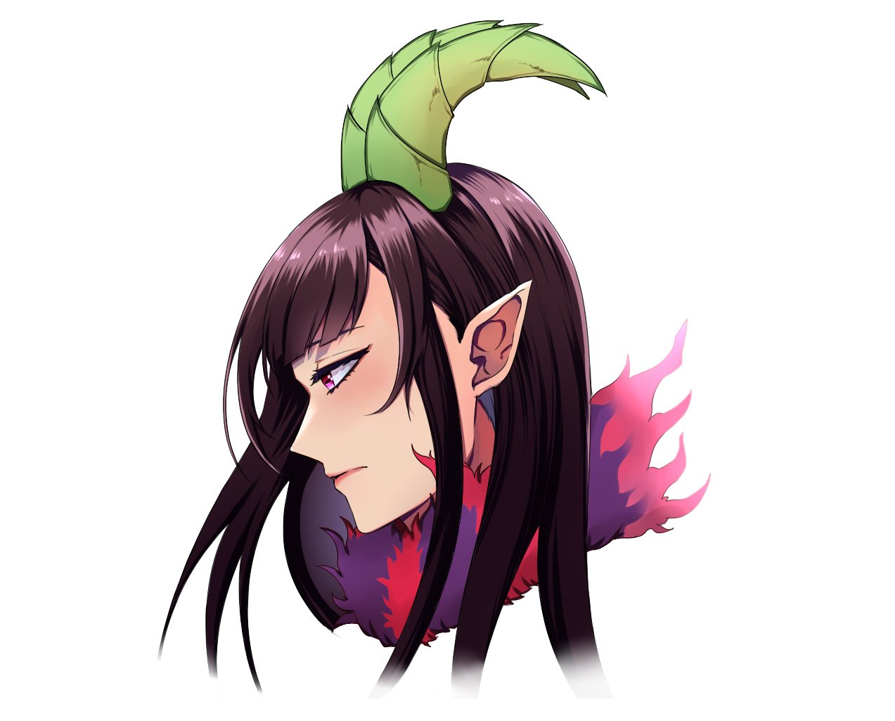 1girl ane_naru_mono black_hair chiyo_(ane_naru_mono) commentary demon_girl demon_horns fur_trim head_only horns long_hair looking_to_the_side pointy_ears purple_eyes reizo_ne simple_background solo symbol-only_commentary white_background