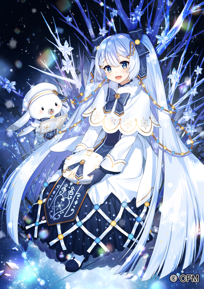 1girl 1other bare_tree bass_clef beret blue_bow blue_gloves blue_tabard blurry bokeh book bow bunny capelet christmas_lights clock_print commentary crypton_future_media depth_of_field dress from_above full_body fur-trimmed_capelet fur_trim gloves gold_trim hair_bow hair_ornament hairclip hat hat_removed hatsune_miku headwear_removed holding holding_clothes holding_hat ice ice_flower light_blue_eyes light_blue_hair long_hair looking_at_viewer musical_note_hair_ornament night official_art open_book piapro roman_numeral sakanahen smile snow snowflake_print snowing tabard treble_clef tree twintails very_long_hair vocaloid white_capelet white_dress white_headwear yuki_miku yuki_miku_(2021)