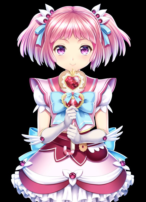 1girl back_bow black_background blue_bow blue_hair blue_ribbon bow closed_mouth commentary_request dress elbow_gloves frilled_skirt frills gloves gradient_hair hair_ornament hair_ribbon holding holding_wand holding_weapon kase_daiki kirameki_mamika looking_at_viewer magical_girl multicolored_hair official_art pink_dress pink_eyes pink_hair pink_sailor_collar puffy_short_sleeves puffy_sleeves re:creators ribbon sailor_collar short_hair short_sleeves short_twintails simple_background skirt smile solo twintails two-tone_hair wand weapon white_gloves