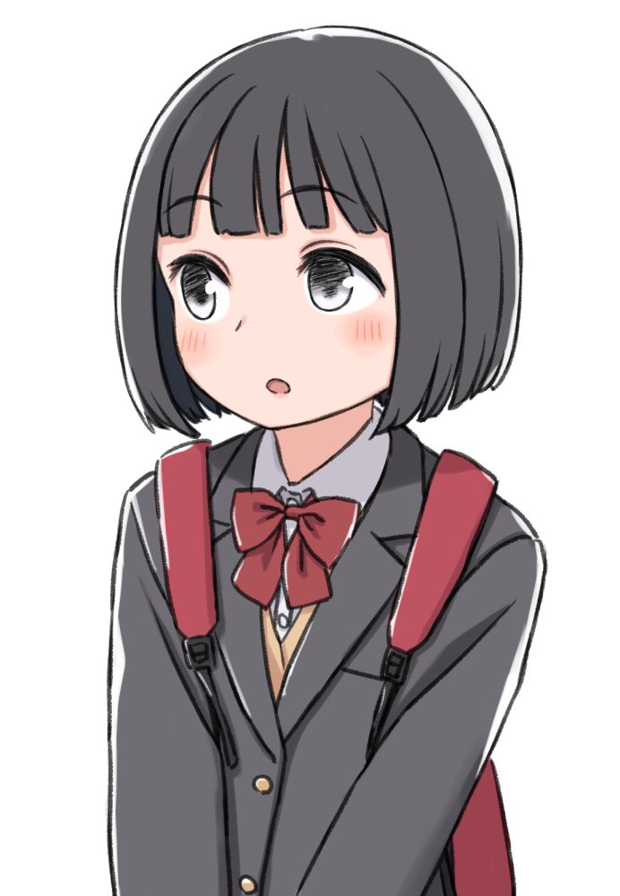 1girl backpack bag bangs black_eyes black_hair black_jacket blazer blunt_bangs blush bob_cut bow bowtie cardigan commentary dress_shirt jacket kyak_bamboo looking_away mochizuki_chihiro open_mouth original raised_eyebrows red_bag red_bow red_bowtie school_uniform shirt short_hair simple_background solo upper_body v_arms white_background white_shirt yellow_cardigan younger