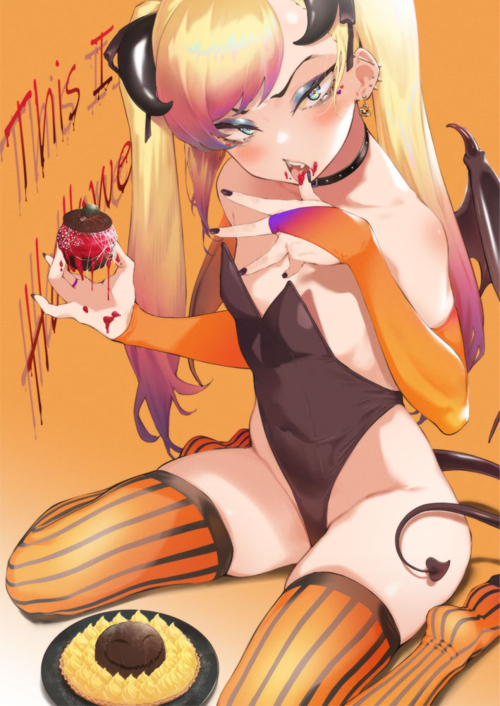 1girl aqua_eyes blonde_hair collar covered_navel cupcake demon_tail demon_wings ear_piercing earrings elbow_gloves eyeshadow fangs food gloves gradient gradient_background gradient_hair gyaru halloween halloween_costume holding horns jack-o'-lantern jack-o'-lantern_earrings jewelry kogal licking licking_finger long_hair looking_at_viewer makeup multicolored_hair nail_polish original piercing pink_hair playboy_bunny sitting skindentation solo suruga_kreuz tail thighhighs twintails two-tone_hair wariza wings