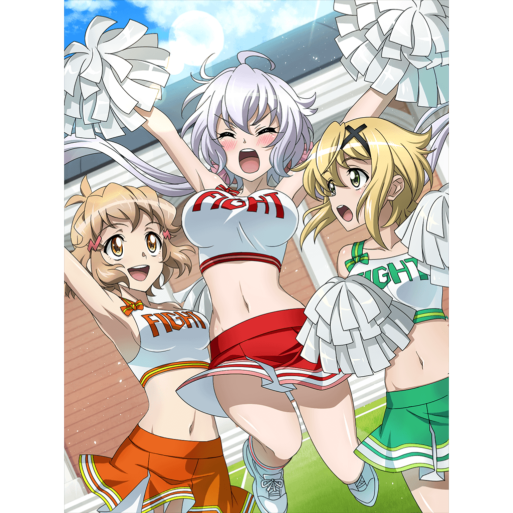 3girls ahoge akatsuki_kirika artist_request blonde_hair blush breasts brown_eyes cheerleader closed_eyes eyebrows_visible_through_hair green_eyes hair_ornament hair_scrunchie hairclip jumping large_breasts long_hair looking_at_another midriff miniskirt multiple_girls navel official_art open_mouth pillarboxed pom_pom_(cheerleading) scrunchie senki_zesshou_symphogear senki_zesshou_symphogear_xd_unlimited shiny shiny_hair short_hair sideboob skirt smile tachibana_hibiki_(symphogear) twintails white_hair x_hair_ornament yukine_chris