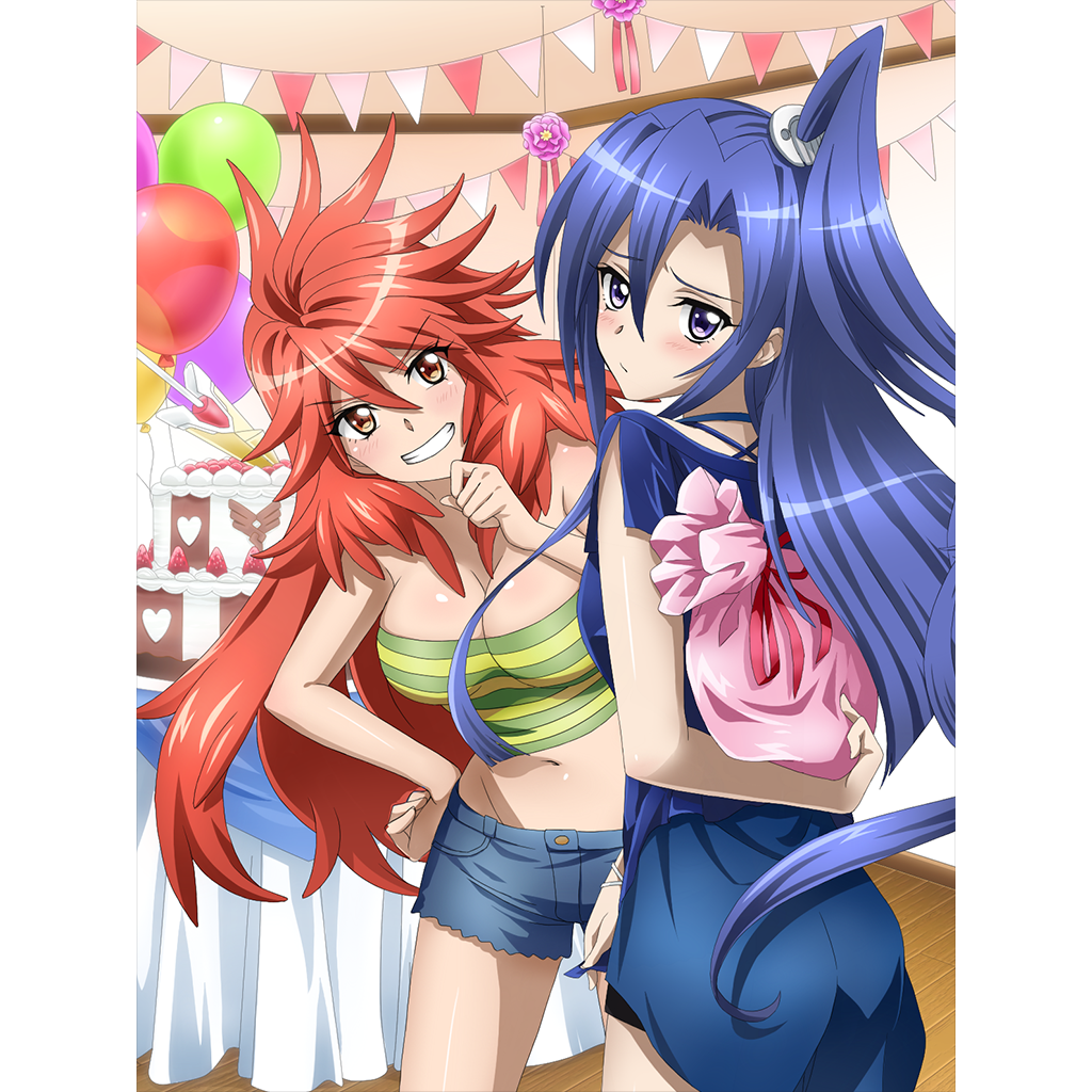 2girls amou_kanade artist_request ass bare_shoulders birthday birthday_cake blue_dress blue_eyes blue_hair blue_shorts blush breasts cake cleavage closed_mouth dress eyebrows_visible_through_hair food grin kazanari_tsubasa large_breasts long_hair midriff multiple_girls navel official_art orange_eyes parted_lips pillarboxed red_hair senki_zesshou_symphogear senki_zesshou_symphogear_xd_unlimited shiny shiny_hair short_shorts shorts side_ponytail smile strapless tube_top yuri