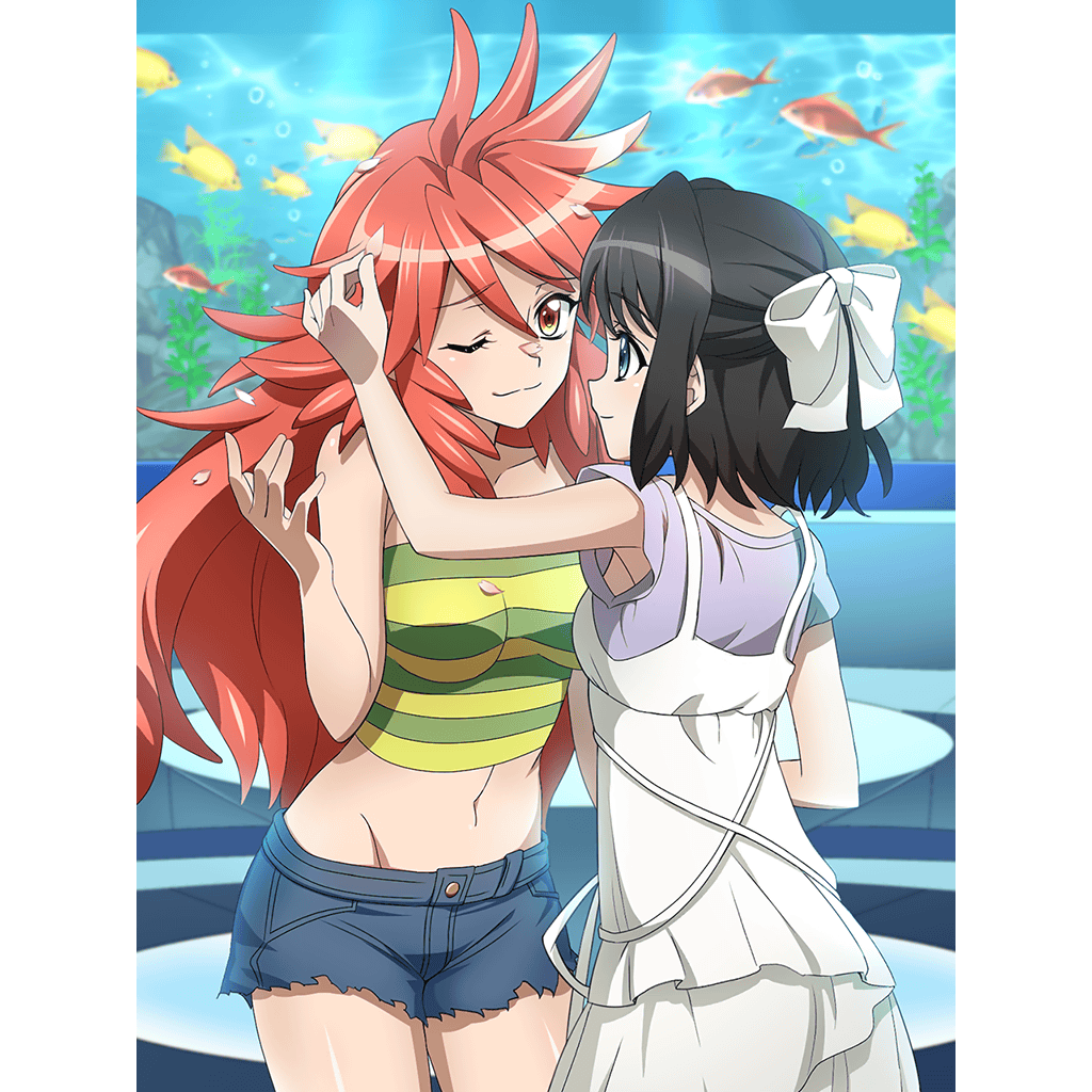 2girls amou_kanade aquarium armpit_peek artist_request bare_shoulders black_hair blue_eyes blue_shorts blush breasts closed_mouth collarbone eyebrows_visible_through_hair fish hair_ribbon indoors kohinata_miku long_hair looking_at_another medium_breasts midriff multiple_girls navel official_art one_eye_closed orange_eyes petals pillarboxed red_hair ribbon senki_zesshou_symphogear senki_zesshou_symphogear_xd_unlimited shiny shiny_hair short_hair short_shorts shorts sleeveless smile strapless tube_top yuri