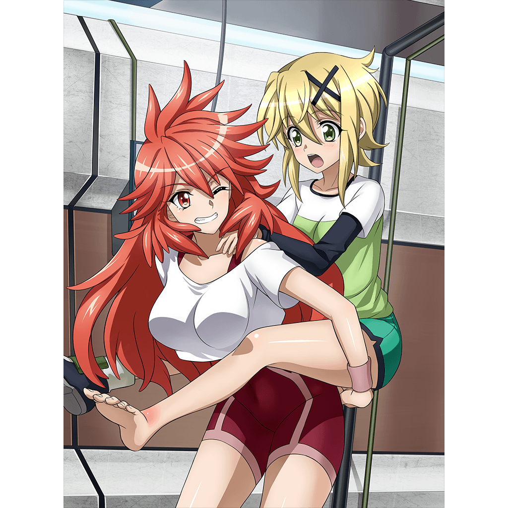 2girls akatsuki_kirika amou_kanade artist_request barefoot blonde_hair blush breasts carrying collarbone covered_navel eyebrows_visible_through_hair feet green_eyes green_shorts grin gym_uniform hair_ornament hurt indoors large_breasts long_hair looking_at_another multiple_girls official_art one_eye_closed open_mouth orange_eyes piggyback pillarboxed red_hair senki_zesshou_symphogear senki_zesshou_symphogear_xd_unlimited shiny shiny_hair short_hair shorts smile x_hair_ornament