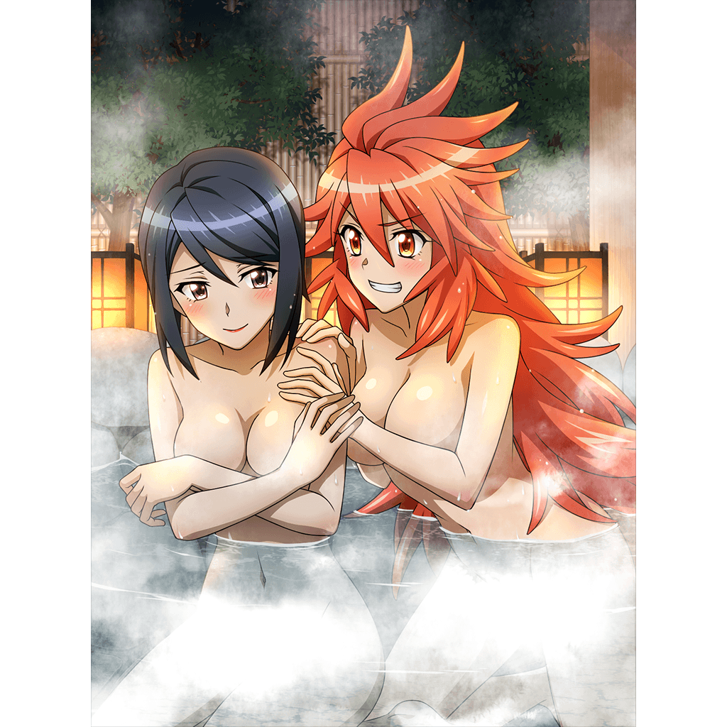 2girls amou_kanade artist_request black_hair blush breasts brown_eyes covering covering_breasts grin large_breasts long_hair looking_at_another multiple_girls navel nude official_art onsen orange_eyes red_hair senki_zesshou_symphogear senki_zesshou_symphogear_xd_unlimited shared_bathing shiny shiny_hair short_hair smile steam tomosato_aoi yuri