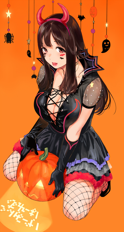 1girl :p black_dress black_gloves breasts brown_eyes brown_hair cleavage cross-laced_clothes demon_horns dress facial_hair fake_horns fishnet_legwear fishnets full_body gloves hairband halloween horns jack-o'-lantern kneeling lips long_hair looking_at_viewer medium_breasts original pantyhose red_hairband red_horns sasamori_tomoe see-through_sleeves short_dress short_sleeves sitting solo straight_hair tongue tongue_out