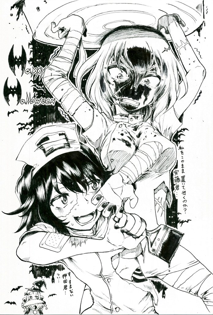 3girls andou_(girls_und_panzer) angry arms_up bandaged_arm bandaged_leg bandages bangs bat breasts commentary dress english_text fang folding_fan frown girls_und_panzer greyscale grimace halloween halloween_costume hand_fan happy_halloween hat holding holding_brush holding_fan looking_at_another marie_(girls_und_panzer) medium_breasts medium_hair messy_hair monochrome multiple_girls nurse_cap open_mouth oshida_(girls_und_panzer) paint_on_clothes paintbrush sawamiszt scar scar_on_face short_dress short_sleeves skin_fang smile standing stitched_arm stitched_face stitched_torso sweatdrop torn_clothes torn_dress translated trembling witch_hat