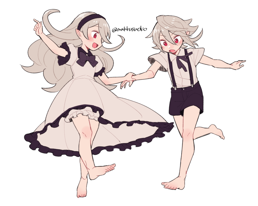 1boy 1girl alternate_costume bangs barefoot black_bow black_bowtie black_hairband black_ribbon black_shorts bloomers blush bow bowtie corrin_(fire_emblem) corrin_(fire_emblem)_(female) corrin_(fire_emblem)_(male) do_m_kaeru dress dual_persona eyebrows_visible_through_hair fire_emblem fire_emblem_fates frilled_dress frills full_body grey_hair hair_between_eyes hairband holding holding_another's_arm long_hair manakete neck_ribbon open_mouth pointing pointy_ears puffy_short_sleeves puffy_sleeves red_eyes ribbon shirt short_hair short_sleeves shorts simple_background smile suspender_shorts suspenders tongue twitter_username underwear white_background white_dress white_shirt younger