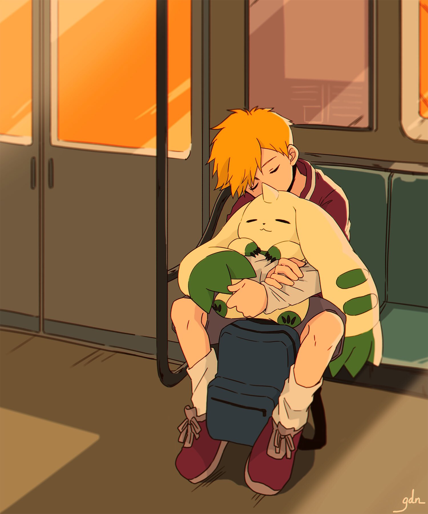 1boy backpack bag blonde_hair digimon digimon_(creature) digimon_adventure_02 gdn0522 ground_vehicle highres hug layered_sleeves long_sleeves seat short_hair short_over_long_sleeves short_sleeves shorts sitting sleeping sleeping_upright terriermon train train_interior wallace_(digimon_adventure)