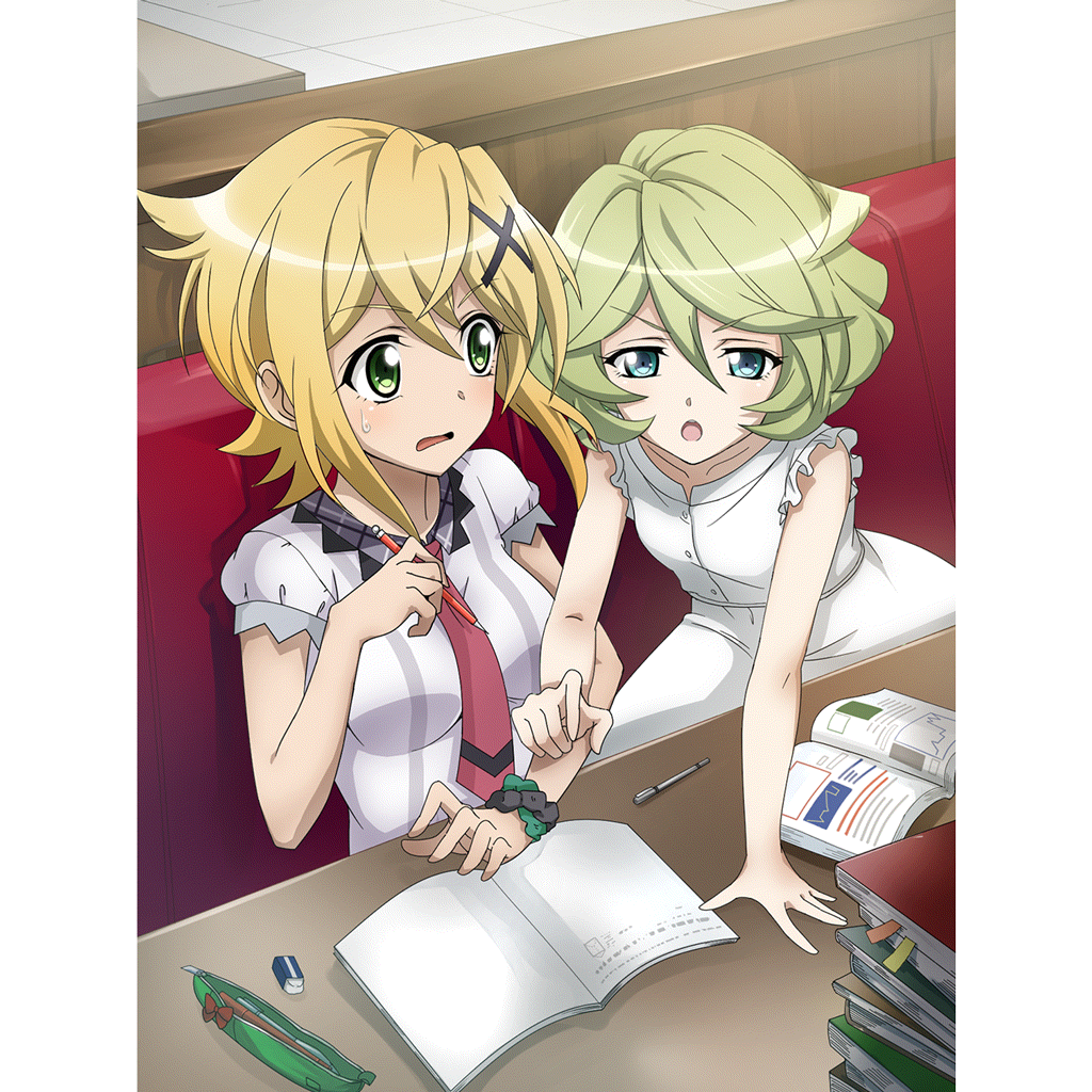 2girls akatsuki_kirika artist_request blonde_hair blue_eyes blush breasts collarbone elfnein eyebrows_visible_through_hair green_eyes hair_ornament indoors medium_breasts multiple_girls necktie official_art open_mouth red_necktie school_uniform senki_zesshou_symphogear senki_zesshou_symphogear_xd_unlimited shiny shiny_hair short_hair sleeveless small_breasts studying sweatdrop x_hair_ornament yuri