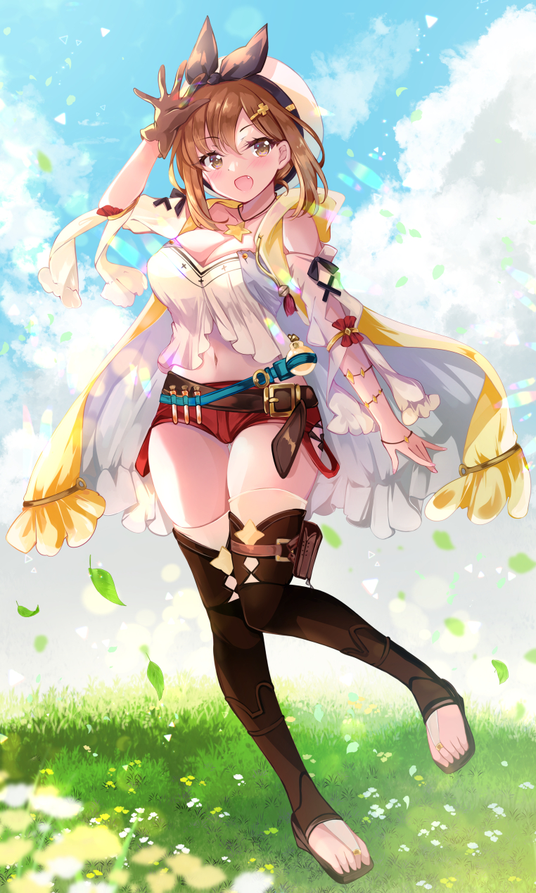 1girl :d atelier_(series) atelier_ryza beret black_bow blush boots bow breasts bridal_legwear brown_eyes brown_footwear brown_gloves brown_hair cleavage cloud full_body gloves hair_ornament hairclip hat hat_bow highres ichiyou_moka jewelry leaf looking_at_viewer navel necklace open_mouth outdoors red_shorts reisalin_stout short_hair short_shorts shorts single_glove sky smile solo standing standing_on_one_leg star_(symbol) star_necklace thigh_boots thighhighs toeless_footwear white_headwear