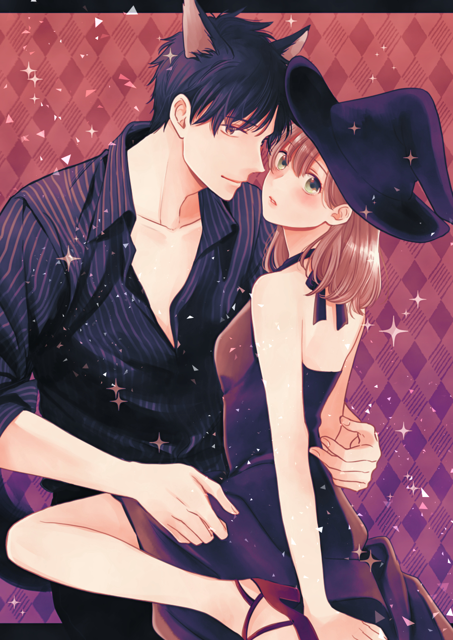 1boy 1girl animal_ears argyle argyle_background black_dress black_hair black_pants black_shirt blush breasts brown_eyes cat_ears dress hair_between_eyes halloween hat hetero high_heels highres long_hair looking_back original pants shirt sleeveless sleeveless_dress small_breasts sparkle striped striped_shirt ueno_haruki vertical-striped_shirt vertical_stripes witch_hat