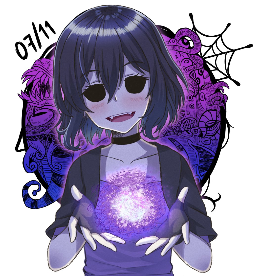 1girl black_choker black_gloves black_hair black_sclera choker collarbone colored_sclera cupping_hands eldritch_abomination fangs fingerless_gloves gloves hollow_eyes looking_at_viewer open_mouth original short_hair smile solo ximsol182