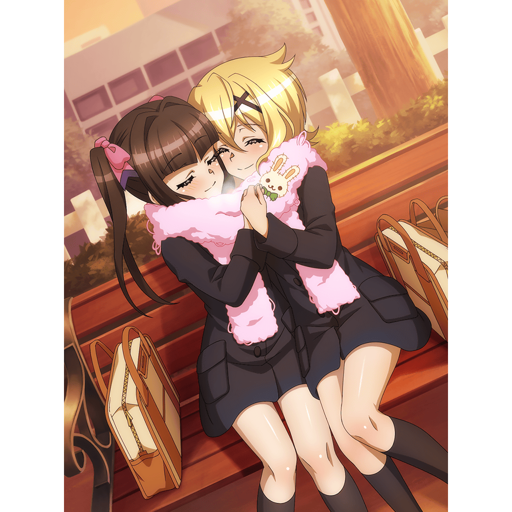 2girls akatsuki_kirika artist_request black_hair black_legwear blonde_hair blush closed_eyes cuddling hair_ornament hair_ribbon holding_hands multiple_girls official_art on_bench outdoors ribbon scarf senki_zesshou_symphogear senki_zesshou_symphogear_xd_unlimited shared_scarf shiny shiny_hair shiny_skin short_hair socks tsukuyomi_shirabe twintails x_hair_ornament yuri