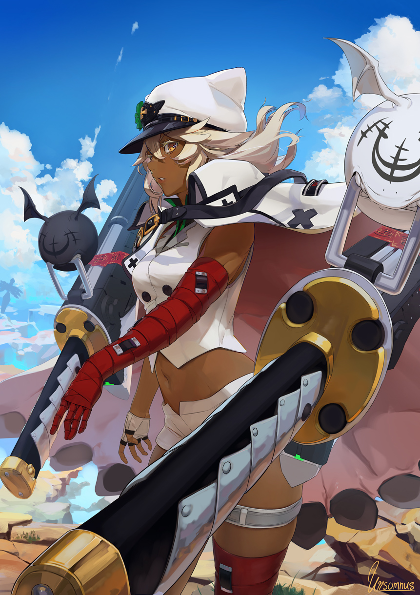 1girl bandaged_arm bandaged_leg bandages blue_sky cape cloud clover creature dark-skinned_female dark_skin familiar fingerless_gloves floating floating_object floating_sword floating_weapon four-leaf_clover gloves guilty_gear guilty_gear_strive hair_between_eyes hat highres huge_weapon looking_to_the_side lucifero midriff navel outdoors peaked_cap platinum_blonde_hair ramlethal_valentine rock short_shorts shorts sky sword thigh_strap thighs unsomnus vest weapon white_cape white_gloves white_headwear white_shorts white_vest yellow_eyes