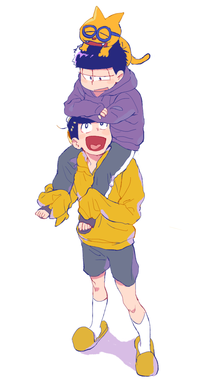 2boys :d ^_^ animal animal_on_head arm_rest black_hair blue-framed_eyewear bright_pupils brothers carrying cat cat_on_head closed_eyes esper_nyanko eye_contact from_above from_side full_body glasses grey_pants grey_shorts half-closed_eyes hands_up heart heart_in_mouth highres hood hood_down hoodie jitome kneehighs legs_apart long_sleeves looking_at_another looking_down looking_to_the_side looking_up male_focus matsuno_ichimatsu matsuno_jyushimatsu multiple_boys on_head open_mouth osomatsu-kun osomatsu-san pants purple_footwear purple_hoodie qqmng round_eyewear sandals shadow shorts shoulder_carry siblings simple_background sleeves_past_fingers sleeves_past_wrists slippers smile standing sweatpants tongue white_background white_legwear white_pupils yellow_footwear yellow_hoodie