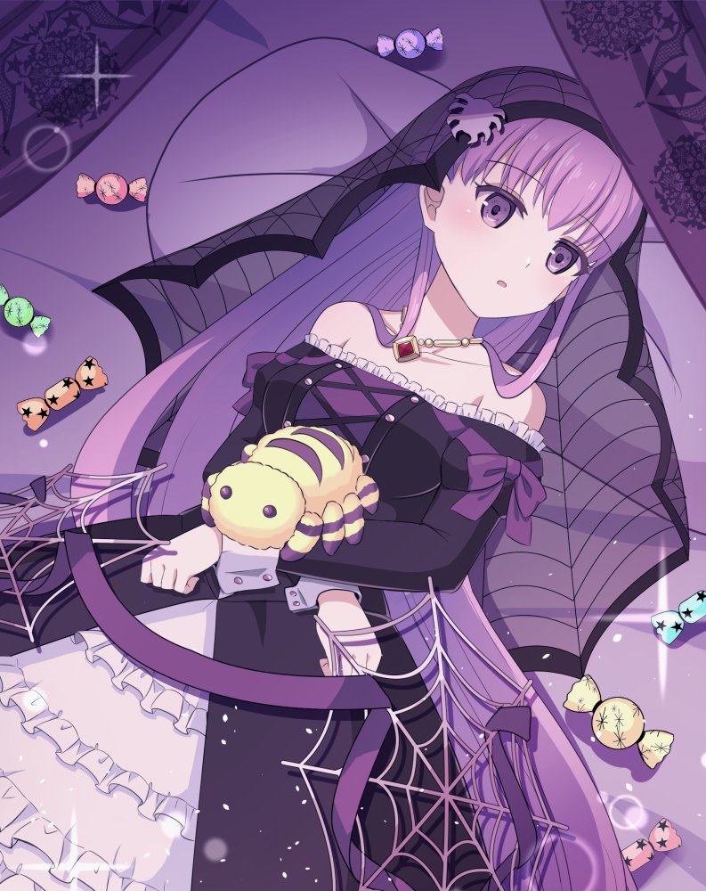 1girl absurdly_long_hair alternate_costume bare_shoulders bed black_dress bug candy collarbone dress fire_emblem fire_emblem:_the_binding_blade fire_emblem_heroes food halloween halloween_costume jewelry lolita_fashion long_hair long_sleeves lying necklace official_alternate_costume on_back pillow purple_eyes purple_hair shira_yu_ki solo sophia_(fire_emblem) spider stuffed_toy veil very_long_hair