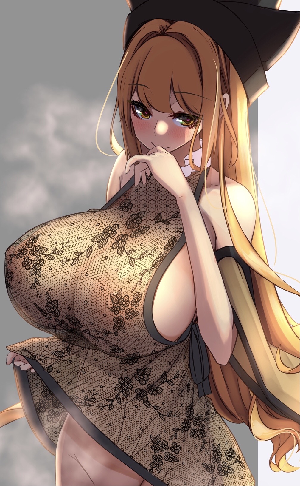1girl blonde_hair blush bottomless breasts clothes_lift covered_nipples female_pubic_hair hat heart heart-shaped_pupils highres huge_breasts lifted_by_self long_hair looking_at_viewer matara_okina nightgown nipples pubic_hair see-through smile solo steaming_body symbol-shaped_pupils textless touhou yellow_eyes yukito_(dreamrider)