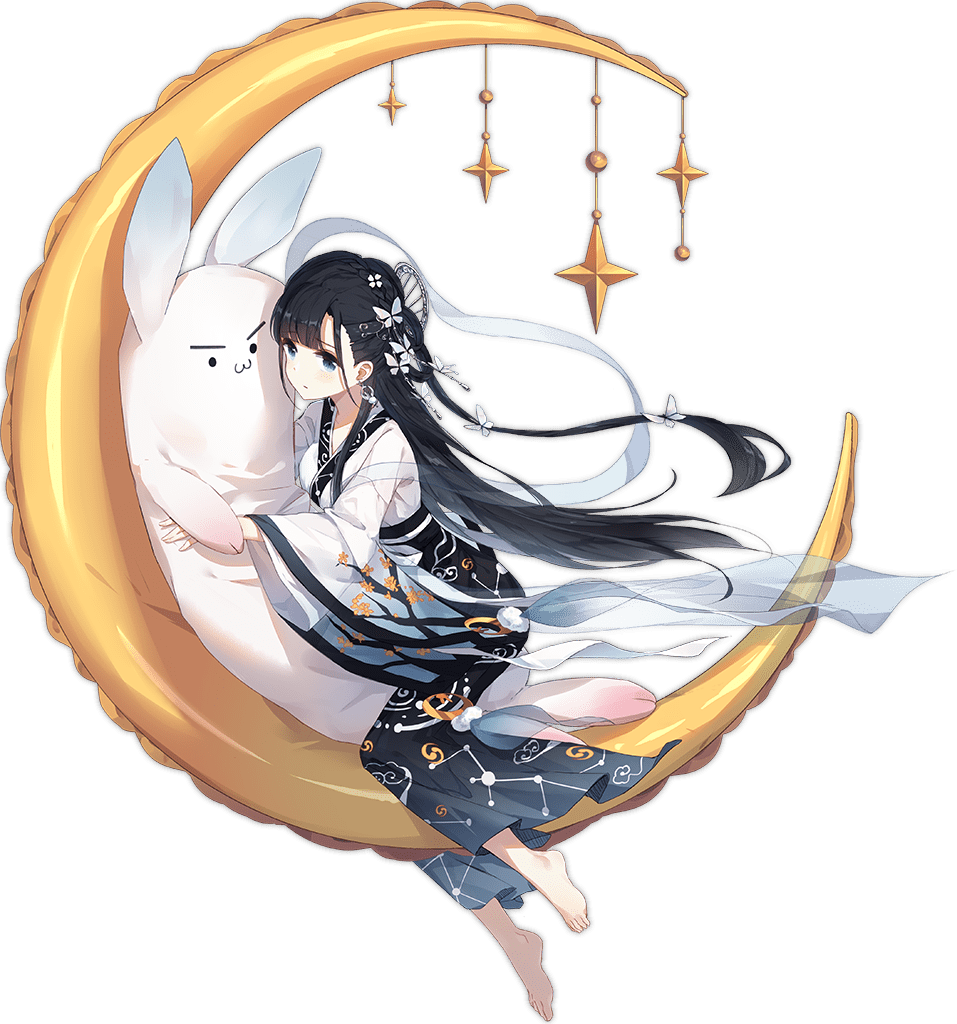 1girl ark_order bangs barefoot black_hair blue_dress blue_eyes braid butterfly_hair_ornament chang'e_(ark_orer) chinese_clothes cloud_print constellation_print crescent dress earrings expressionless floral_print full_body hagoromo hair_ornament hairpin hanfu jewelry long_hair long_sleeves looking_at_viewer official_art shawl sitting sitting_on_moon solo star_(symbol) straddling stuffed_animal stuffed_bunny stuffed_toy tachi-e transparent_background two-tone_dress very_long_hair white_dress wide_sleeves yue_yue