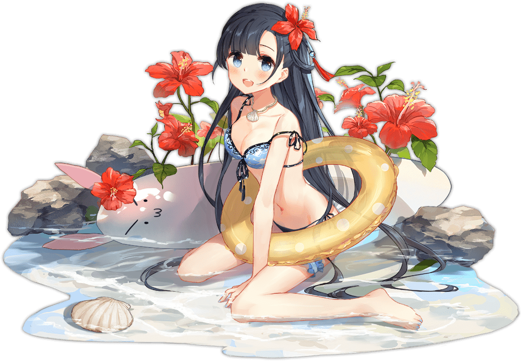 1girl :d ark_order bangs bare_legs bikini black_hair blue_bikini blue_eyes breasts chang'e_(ark_orer) faux_figurine flower frilled_innertube front-tie_bikini front-tie_top full_body hair_flower hair_ornament hair_tassel hibiscus innertube large_breasts leaf long_hair looking_at_viewer official_art partially_submerged red_flower shell shell_necklace side-tie_bikini sitting smile solo stone stuffed_animal stuffed_bunny stuffed_toy swimsuit tassel thigh_scrunchie transparent_background very_long_hair wariza water yellow_innertube yue_yue