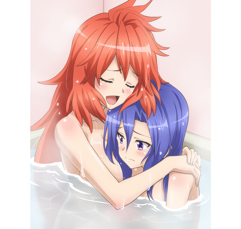 2girls amou_kanade artist_request bath blue_eyes blue_hair blush breasts cleavage closed_eyes closed_mouth collarbone eyebrows_visible_through_hair hug kazanari_tsubasa large_breasts long_hair multiple_girls nude official_art open_mouth red_hair senki_zesshou_symphogear senki_zesshou_symphogear_xd_unlimited shiny shiny_hair smile yuri