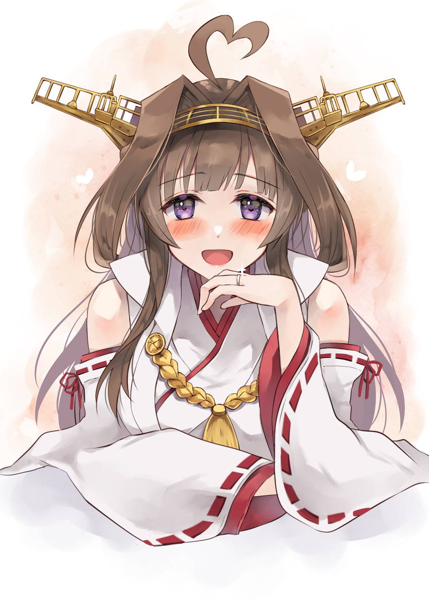 1girl ahoge breasts brown_hair commission detached_sleeves double_bun hairband hatomaru_(hatomaru56) headgear heart heart-shaped_pupils heart_ahoge highres japanese_clothes jewelry kantai_collection kongou_(kancolle) large_breasts long_hair nontraditional_miko purple_eyes remodel_(kantai_collection) ribbon-trimmed_sleeves ribbon_trim ring skeb_commission solo symbol-shaped_pupils upper_body wedding_band