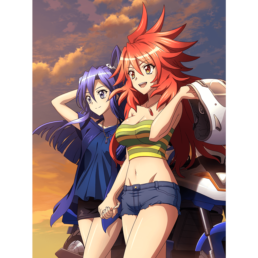 2girls amou_kanade artist_request bare_shoulders black_skirt blue_eyes blue_hair blue_shirt blue_shorts blush breasts brown_eyes closed_mouth cloud cloudy_sky collarbone eyebrows_visible_through_hair ground_vehicle helmet holding_hands jewelry kazanari_tsubasa large_breasts long_hair midriff miniskirt motor_vehicle motorcycle motorcycle_helmet multiple_girls navel necklace official_art open_mouth outdoors red_hair senki_zesshou_symphogear senki_zesshou_symphogear_xd_unlimited shiny shiny_hair shirt short_shorts shorts side_ponytail skirt sky smile strapless tube_top yuri