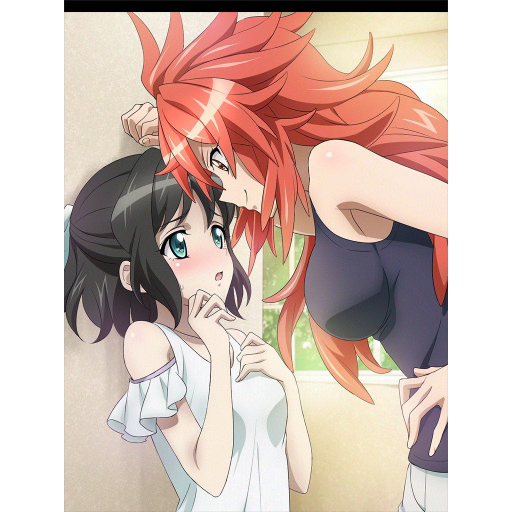 2girls amou_kanade artist_request bare_shoulders black_hair black_tank_top blue_eyes blush breasts brown_eyes closed_mouth hair_ornament hair_ribbon hand_on_hip kabedon kohinata_miku large_breasts long_hair looking_at_another looking_at_viewer multiple_girls official_art open_mouth red_hair ribbon senki_zesshou_symphogear senki_zesshou_symphogear_xd_unlimited shiny shiny_hair short_hair size_difference small_breasts smile sweat tank_top yuri