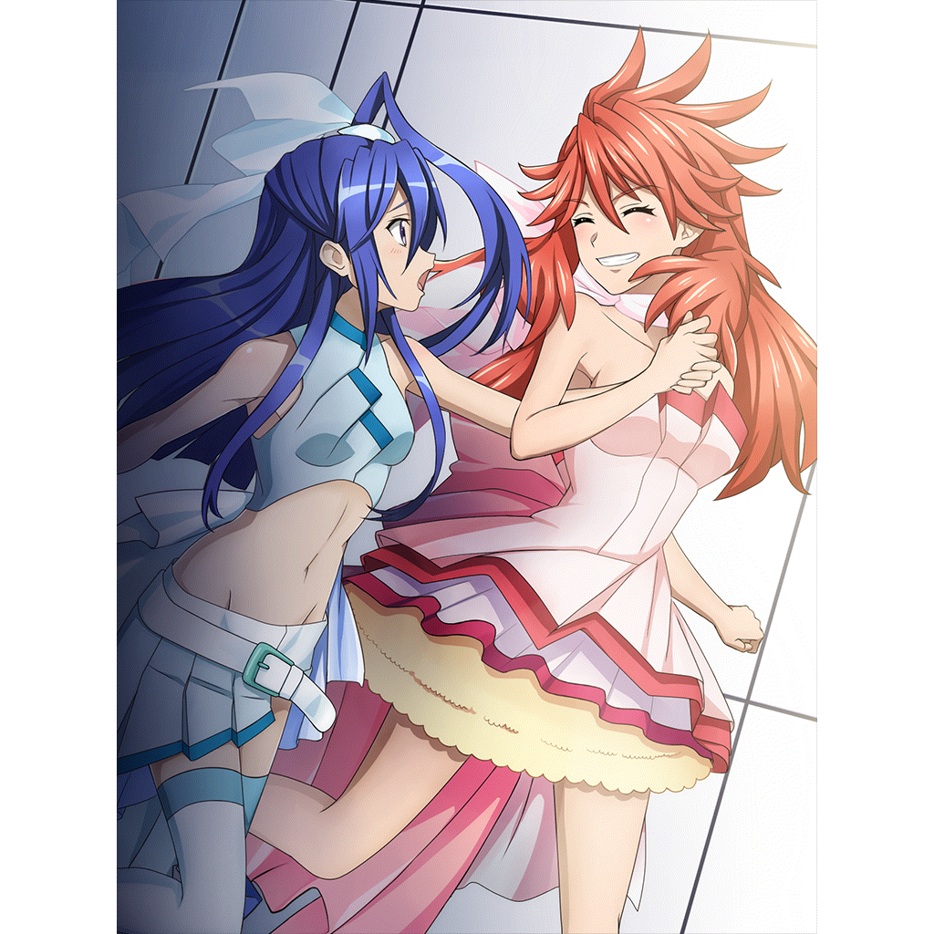 2girls amou_kanade artist_request blue_eyes blue_hair blue_skirt blush breasts closed_eyes collarbone dress eyebrows_visible_through_hair grin hair_ribbon holding_hands kazanari_tsubasa long_hair looking_at_another midriff multiple_girls navel official_art open_mouth parted_lips pink_dress red_hair ribbon senki_zesshou_symphogear senki_zesshou_symphogear_xd_unlimited shiny shiny_hair skirt small_breasts smile yuri