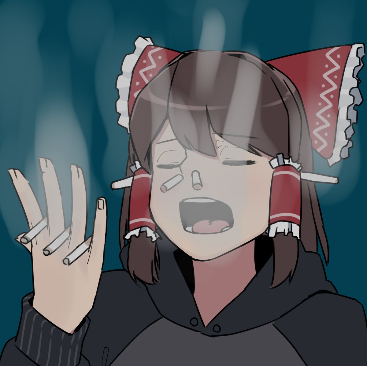 1girl bad_id bad_twitter_id bangs between_fingers black_hoodie bow brown_hair cigarette closed_eyes commentary_request cookie_(touhou) eyebrows_visible_through_hair frilled_bow frilled_hair_tubes frills hair_bow hair_tubes hakurei_reimu hood hoodie maru_(cookie) ohasi open_mouth red_bow short_hair simple_background smoke smoking solo too_many touhou upper_body you're_doing_it_wrong