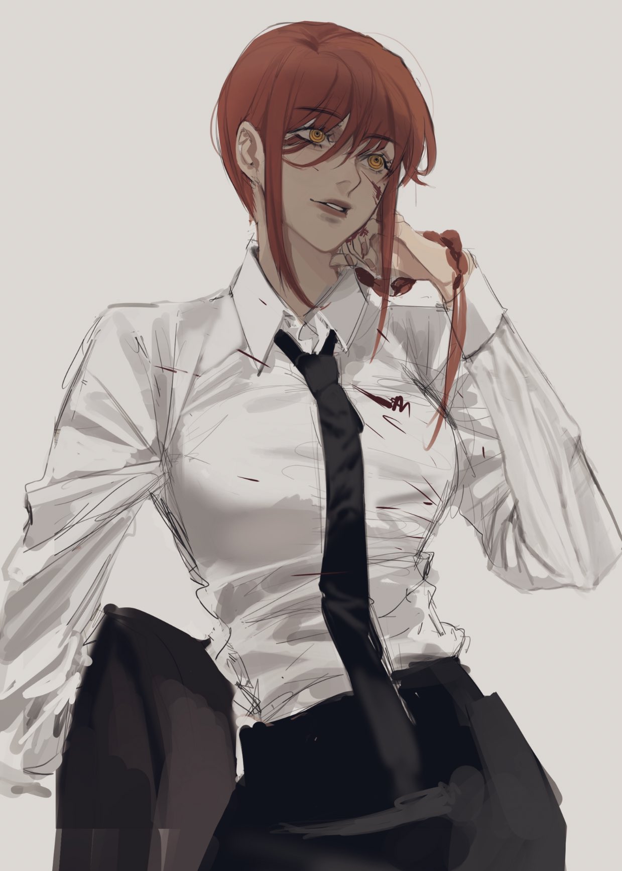 1girl bangs black_necktie black_neckwear blood blood_on_clothes blood_on_face braid braided_ponytail breasts business_suit chainsaw_man eyebrows_visible_through_hair formal hand_in_hair highres light_smile long_hair looking_to_the_side makima_(chainsaw_man) medium_breasts necktie office_lady ringed_eyes shirt_tucked_in slimee33 smile solo suit yellow_eyes