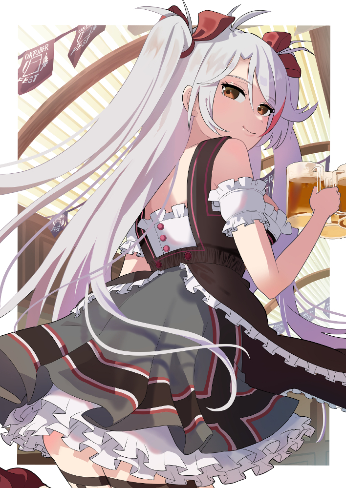 1girl alcohol alternate_costume apron azur_lane bare_shoulders barmaid beer beer_mug breasts brown_apron cleavage cup detached_sleeves dirndl dress from_behind from_below german_clothes large_breasts layered_dress long_hair looking_at_viewer mug oktoberfest orange_eyes pinafore_dress prinz_eugen_(azur_lane) red_hair skirt solo tohko twintails very_long_hair waitress white_hair