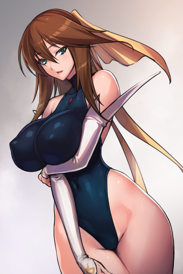 1girl bare_shoulders breasts brown_hair covered_navel covered_nipples detached_sleeves green_eyes highleg highleg_leotard kagano_megu large_breasts leotard looking_at_viewer mahou_shoujo_ai rindou_(radical_dream) skin_tight smile solo